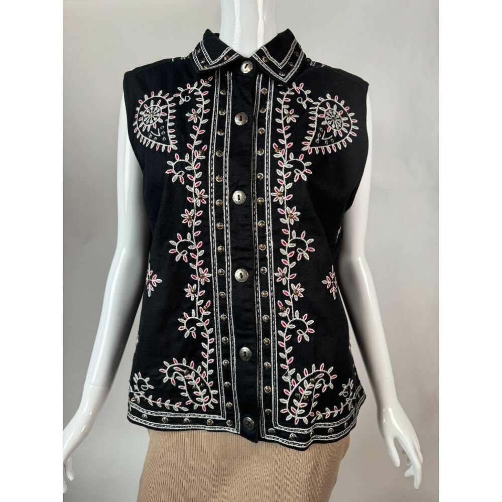 Vintage Units Black Sleeveless Embroidered Vest With Buttons Large  100% Cotton